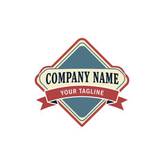 Vintage logo design featuring a diamond shape with a banner for company name and tagline.