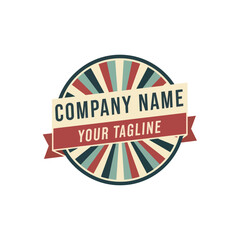 Retro logo with sunburst pattern and banner for company name and tagline.