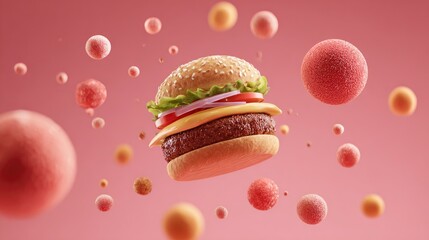 Juicy cheeseburger levitation pink spheres