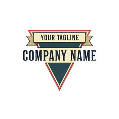 Retro logo with triangle and banner for company name and tagline.