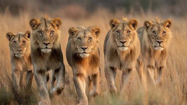 group of female lion ready to hunt  in grass field 