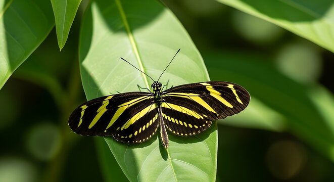 Striking Zebra Longwing Butterfly with Black and Yellow Wings on Green Leaf - Powered by Adobe