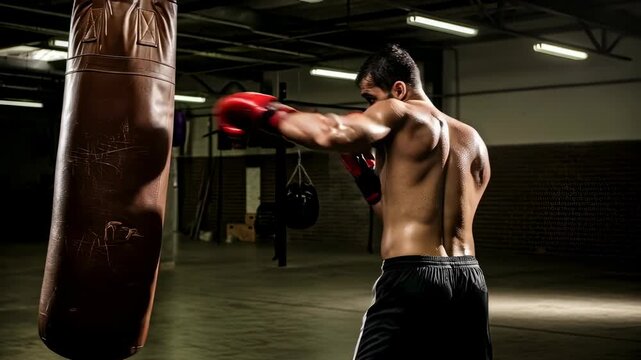 Man boxer training with a heavy bag, punching and moving in a gym, intense fitness exercise, boxing workout footage.