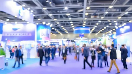 Busy crowds explore vibrant exhibition hall at international trade show event