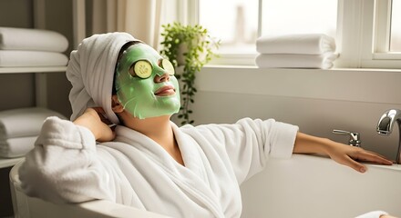 Relaxing Woman in Green Face Mask with Cucumber Slices in White Bathtub