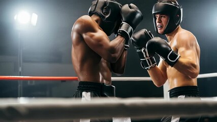 Two male boxers training in ring, one in defensive stance while other practices kick and punch, boxing match footage. - Powered by Adobe
