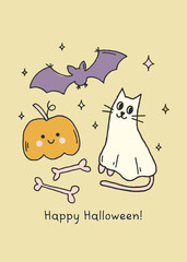 Cute and playful Halloween hand drawn poster or card with cute smiling pumpkin, ghost cat and bat. Happy Halloween. Trendy whimsical illustration for holiday design and prints. Flat vector banner