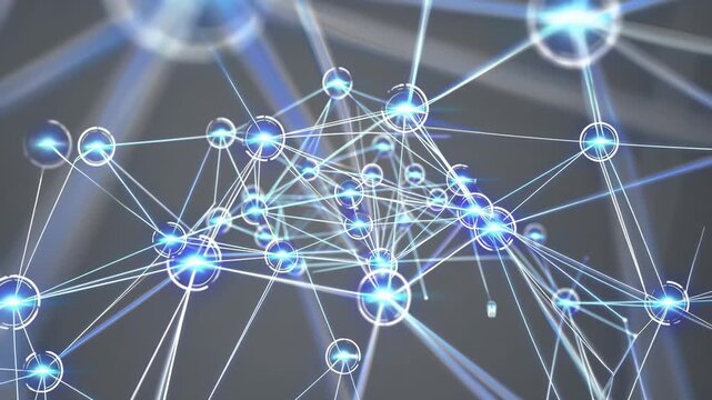 The network of connected nodes displays several nodes and lines interlinked with bright points. This abstract network and nodes signify a complex system of connectivity.