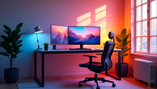 A modern ergonomic home office setup featuring dual curved monitors on a black desk with a black office chair and plants illuminated by colorful gradient lighting
