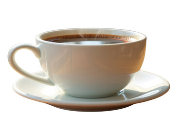 A steaming cup of hot coffee on a saucer against a dark background