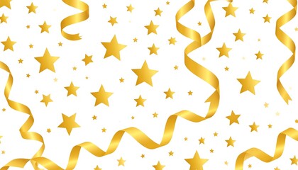 Festive gold stars and ribbons on white background