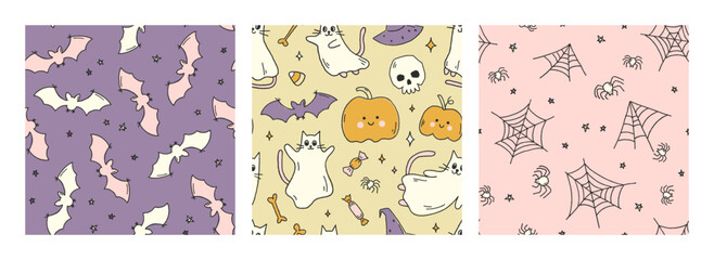Set of playful and whimsical Halloween vector seamless patterns with cute smiling ghost cats, pumpkins, bats, skulls and spiders. Spooky endless background collection with funny characters