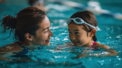 Joyful Moments Between Mother and Daughter in Underwater Swimming Class