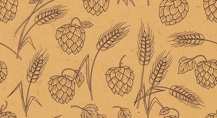 Hand-Drawn Beer Ingredients Pattern - Hops and Wheat on Textured Brown Paper.