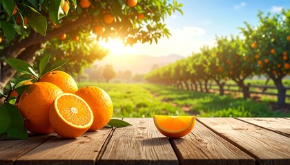 Fresh oranges on a wooden table in an orchard