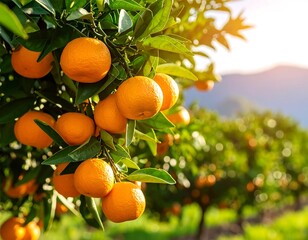 Fresh oranges on a tree in an orchard