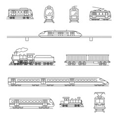 Collection of various train types in outline style, showcasing different eras and designs, a diverse set of trains