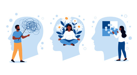 Mental health concept with people finding solution, practicing meditation and solving puzzle for calm and wellbeing