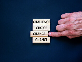 Challenge choice change chance symbol. Concept words Challenge choice change chance on beautiful wooden blocks. Beautiful black background. Business Challenge choice change chance concept. Copy space.