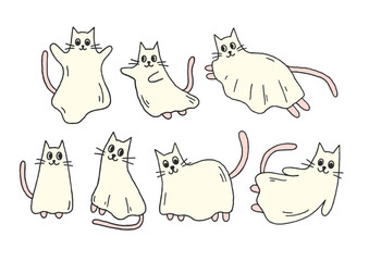 Cute and playful hand drawn vector smiling ghost cats in different poses. Halloween spooky characters. Whimsical kittens isolated on white for holiday design, posters. Flat cartoon illustration