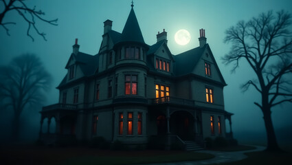 Obraz premium An eerie victorian mansion stands ominously under a full moon with glowing windows hinting at secrets within its haunted walls