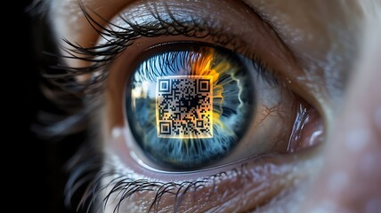 Human eye reflecting qr code concept of digital identity and biometric security