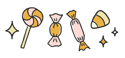 Charming and cute hand drawn vector treats in flat style. Halloween candies set. Whimsical halloween sweets isolated on white for holiday design, posters. Flat illustration. Holiday sweets collection