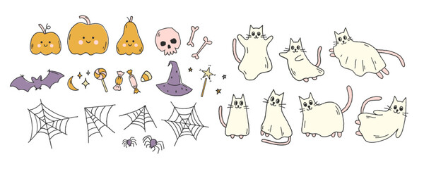 Big set of hand drawn vector Halloween elements: ghost cats, smiling pumpkins, skull, bats, stars, treats in flat style isolated on white. Festive spooky set for Halloween design. Cartoon illustration