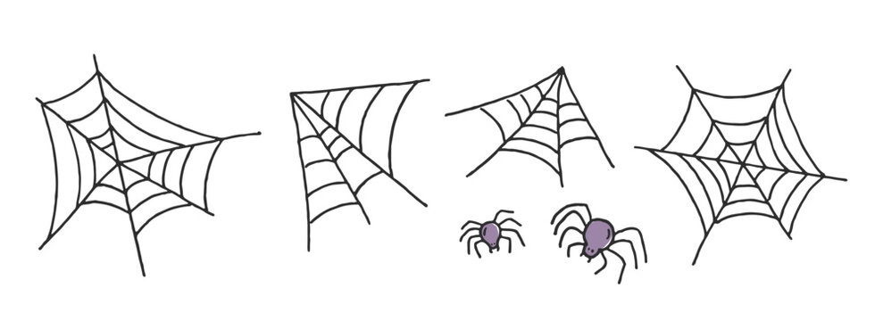Spooky and cute hand drawn vector spiders and spider web in flat style. Halloween scary elements. Whimsical halloween spiders isolated on white for holiday design, posters. Flat cartoon illustration