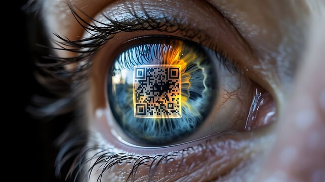 Human eye reflecting qr code concept of digital identity and biometric security