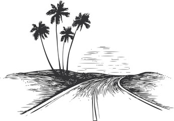 Palm trees sketch hand drawn with winding road and sunset landscape — stock vector
