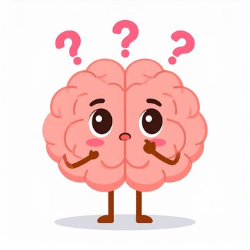 Cute cartoon brain character with a confused expression and question marks, representing thinking, questions, and problem-solving. Vector art