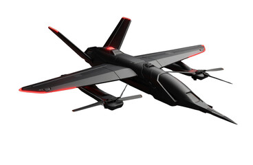 Futuristic dark aircraft with red glowing accents against a black background