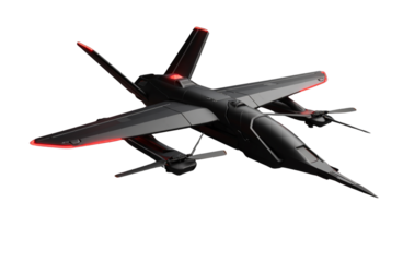 Futuristic dark aircraft with red glowing accents against a black background