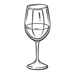 Single wine glass with white wine in doodle style. Outline vector illustration for winery branding, wine tasting flyers, bar menus, and elegant packaging design.
