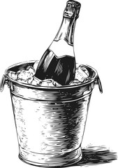 Champagne bottle in ice bucket sketch, hand drawn style, celebration scene — stock vector