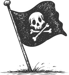 Pirate flag sketch, hand drawn Jolly Roger with skull and crossbones on waving flag — stock vector