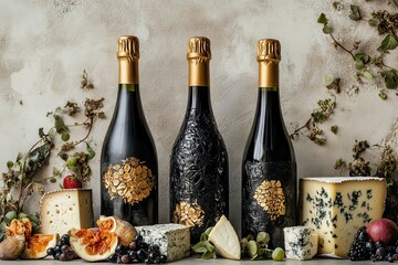 Wine bottles with golden caps and various cheeses
