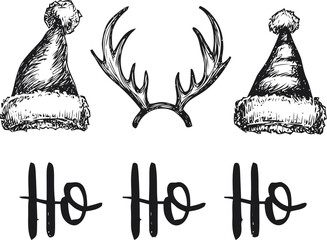 Santa hats sketch with reindeer antlers and Ho Ho Ho text — stock vector