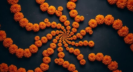 Spiraling Marigold Garland Arrangement on Dark Surface, Artistic Floral Design.