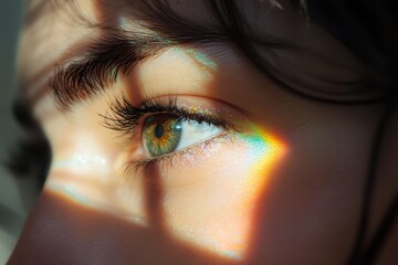 Woman's eye with rainbow light reflection, woman's eye featuring a striking rainbow light reflection