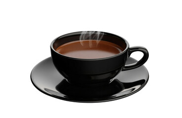 Hot steaming coffee in a black cup on a black saucer