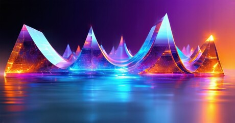 Abstract crystalline structures reflect vibrant light. Water surface mirrors colorful peaks, creating surreal landscape. Dramatic illumination enhances visual impact.