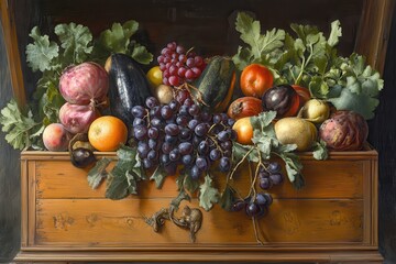 Wooden box with fruits and vegetables, wooden box filled with a variety of colorful fruits and vegetables