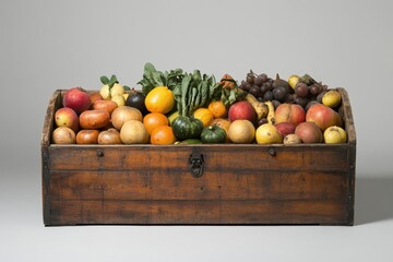 Wooden box with fruits and vegetables, wooden box filled with a variety of colorful fruits and vegetables