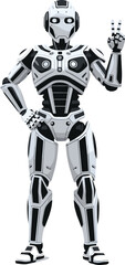 Humanoid robot making peace sign with expressive face, black and white futuristic design for AI, technology, cybernetic and innovation themes