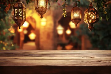 Wooden table with hanging lanterns and blurred Arabian