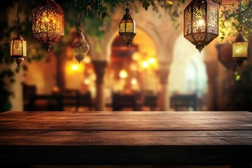 Wooden table with hanging lanterns and blurred Arabian