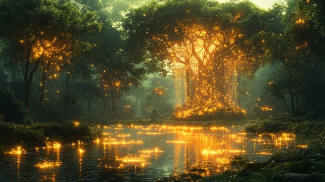 Write a descriptive piece about a surreal landscape where nature and technology blend seamlessly. Imagine towering trees with glowing leaves, rivers flowing with liquid light, and mechanical creatures