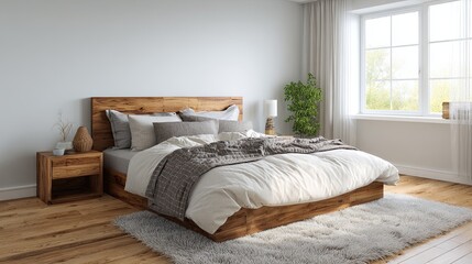 Modern cozy bedroom interior with wooden bed frame soft bedding carpet and natural light from window